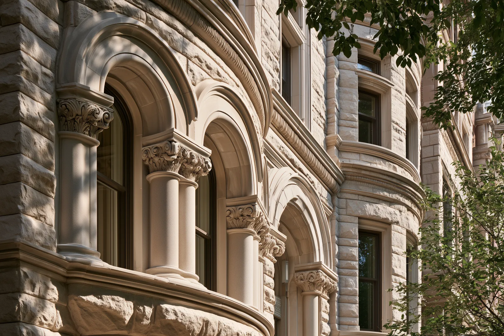 Carved limestone bays on a Chicago greystone two-flat